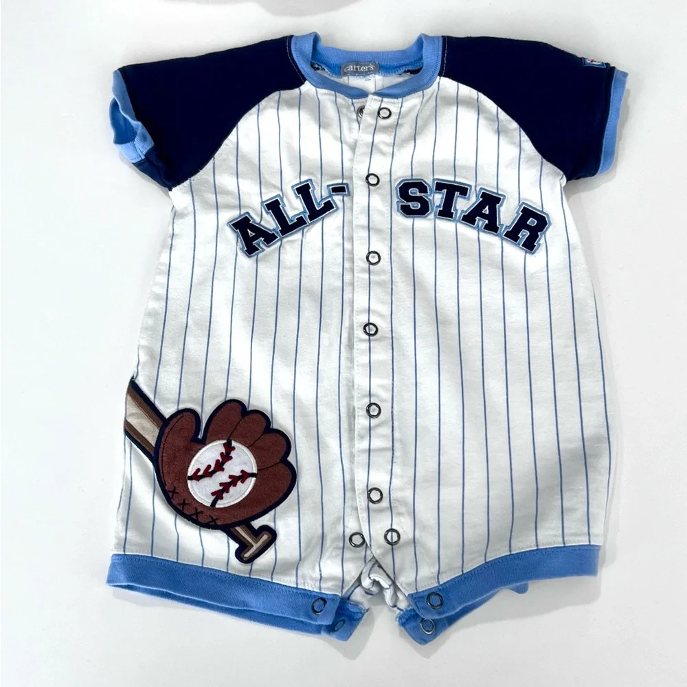 Carters Baby All Star Baseball Romper | Blue Stripe | Snap Front | Infant Outfit